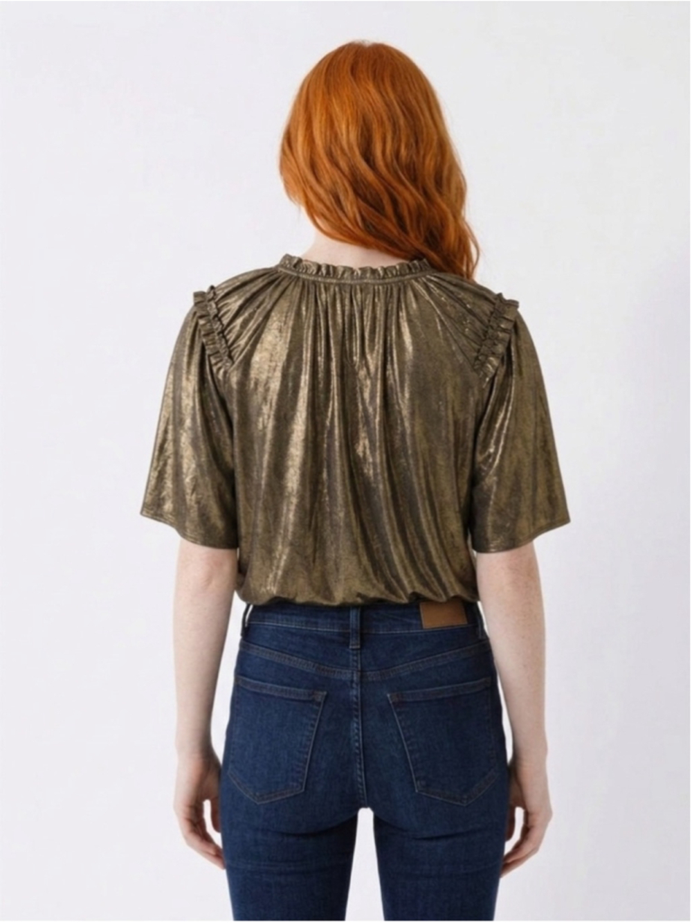 Metallic Gold Short-Sleeve Ruffled V-Neck Top - Picture 2 of 4